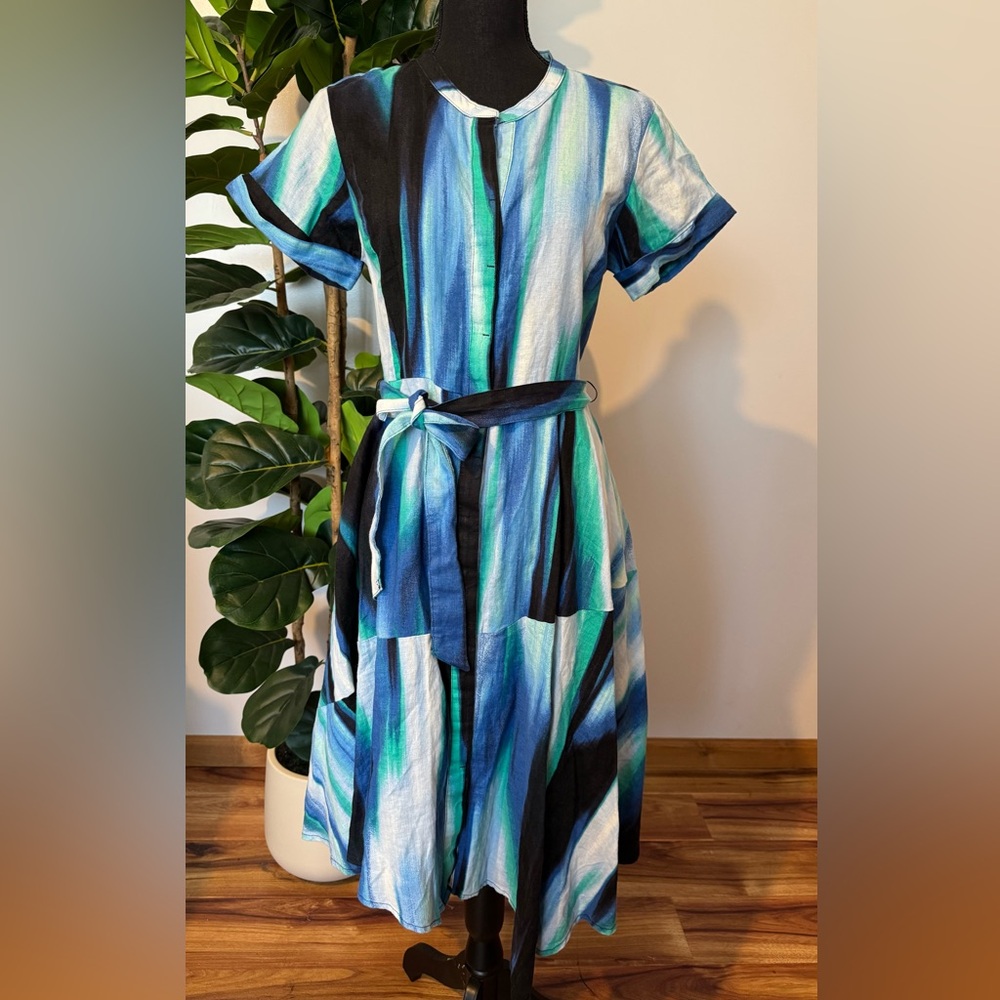 Dkny Blue, Teal & Black Striped Button-Front Midi Dress with Tie Belt
